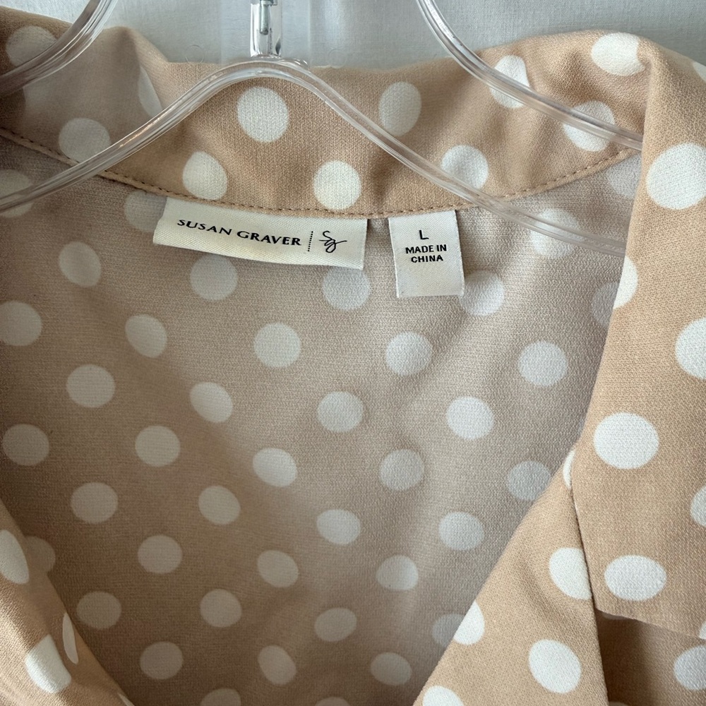 Susan Graver Beige Polka Dot Short Sleeve Button-Down - Picture 2 of 2